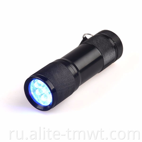 Оптом 9 светодиодный ультрафиолетовый фонарик 365 нм 385 нм 395 нм длины волны алюминиевого сплава мини -черный брелок.